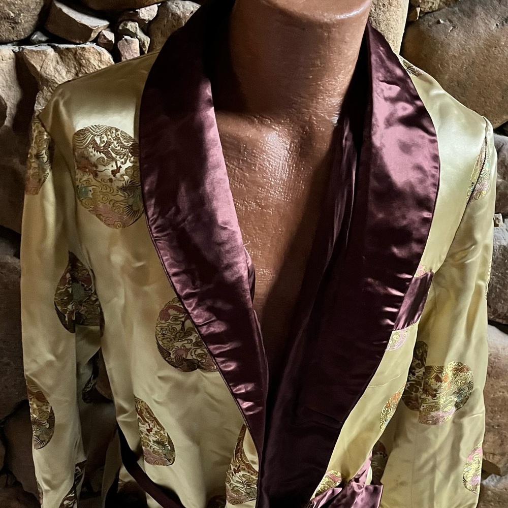Chinese Vintage Men's Oriental Embroidered Jacquard Robe Smoking Jacket - Picture 8 of 14